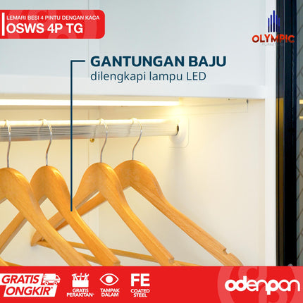 OLYMSTEEL - OSWS 4P TG Lemari Pakaian Baju 4 Pintu Kaca Tempered Glass Swing