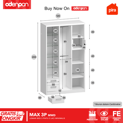 PIRA - MAX 3P Lemari Pakaian / Baju 3 Pintu Besi Swing Dengan Laci & Tempered Glass