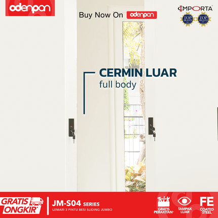 IMPORTA - JM Lemari Pakaian Baju 3 Pintu Besi Jumbo Dengan Cermin 160 cm