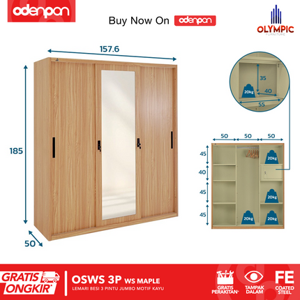 OLYMSTEEL - OSWS 3P WOOD WS Lemari Pakaian Baju 3 Pintu Besi Dengan Motif Kayu