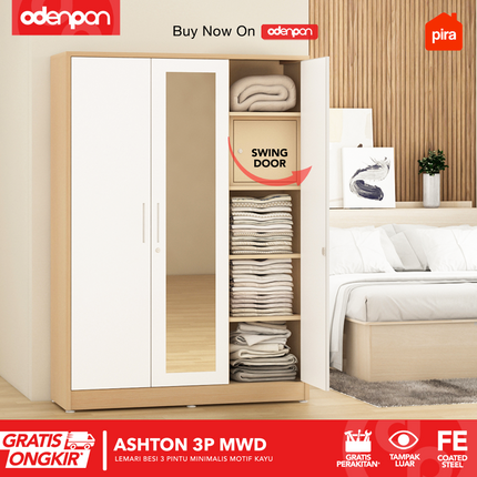 PIRA - ASHTON 3P Lemari Pakaian Baju 3 Pintu Besi Pintu Swing Motif Kayu