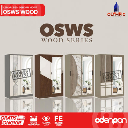 OLYMSTEEL - OSWS WALNUT Lemari Pakaian Baju 2 Pintu Besi Sliding Dengan Cermin