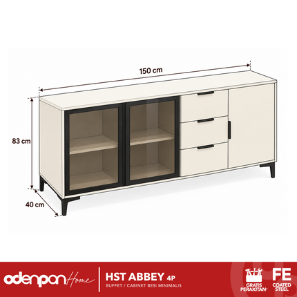 AVERY - HST ABBEY 4P Diswar / Cabinet / Buffet Besi Minimalis Dengan Pintu Kaca