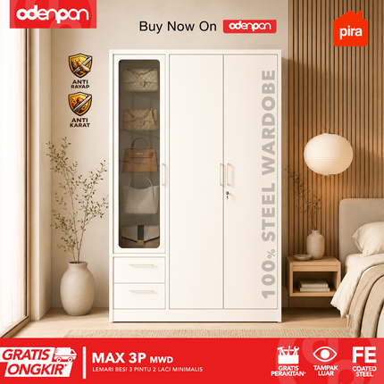 PIRA - MAX 3P Lemari Pakaian / Baju 3 Pintu Besi Swing Dengan Laci & Tempered Glass