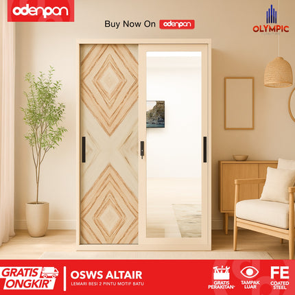 OLYMSTEEL - OSWS STONE Lemari Pakaian Baju 2 Pintu Besi Sliding Motif Batu