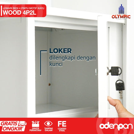 OLYMSTEEL - OSWS 4P2L WOOD Lemari Pakaian Baju 4 Pintu Besi 2 Laci Motif Kayu