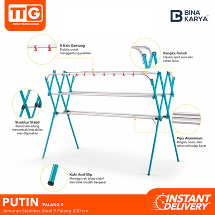 BINA KARYA - PUTIN Jemuran Stainless Steel Besi 9 Palang Jumbo Kokoh 200 cm