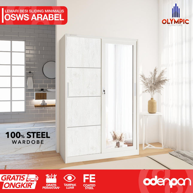 OLYMSTEEL - OSWS ARABEL Lemari Pakaian Baju 2 Pintu Besi Sliding Putih Dengan Cermin & Motif Kayu
