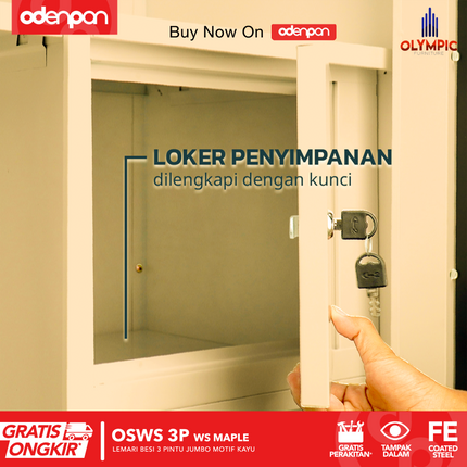 OLYMSTEEL - OSWS 3P WOOD WS Lemari Pakaian Baju 3 Pintu Besi Dengan Motif Kayu