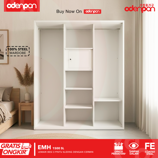 ODENPAN - EMH 1500 SL  Lemari Pakaian / Baju 3 Pintu Besi Sliding Dengan Cermin Motif Jalusi