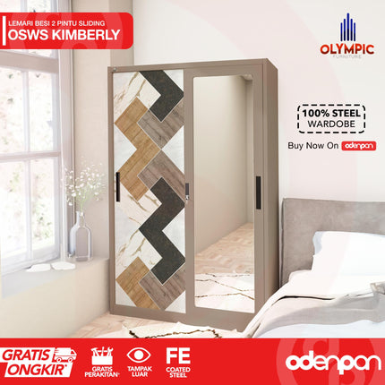 OLYMSTEEL - OSWS WOOD Lemari Pakaian Baju 2 Pintu Besi Sliding Motif Kayu