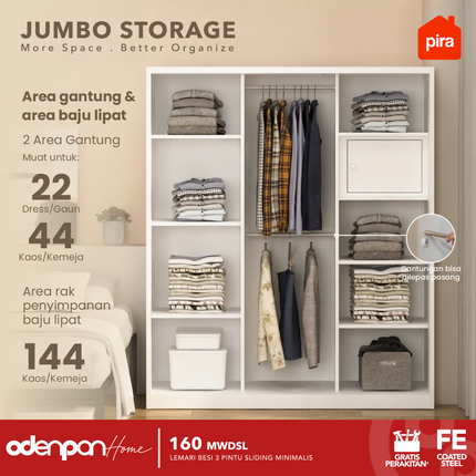 PIRA - 160 MWDSL Lemari Pakaian / Baju 3 Pintu Besi Sliding Jumbo Dengan Cermin 160 cm