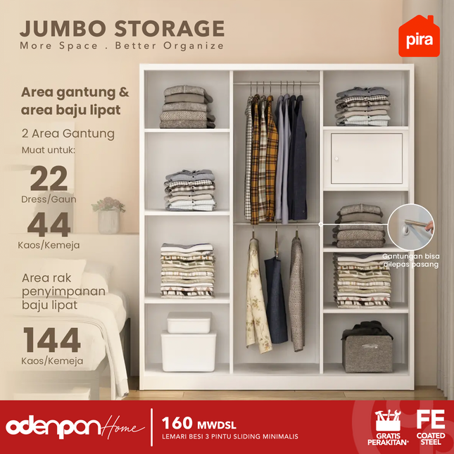 PIRA - 160 MWDSL Lemari Pakaian / Baju 3 Pintu Besi Sliding Jumbo Dengan Cermin 160 cm