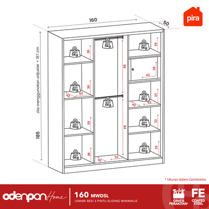 PIRA - 160 MWDSL Lemari Pakaian / Baju 3 Pintu Besi Sliding Jumbo Dengan Cermin 160 cm