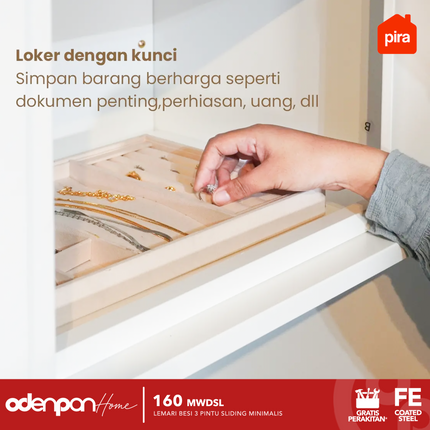PIRA - 160 MWDSL Lemari Pakaian / Baju 3 Pintu Besi Sliding Jumbo Dengan Cermin 160 cm