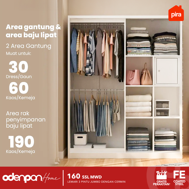 PIRA Lemari Pakaian / Baju 3 Pintu Besi Sliding Jumbo Pintu Swing & Sliding Minimalis Dengan Cermin 160 SSL MWD