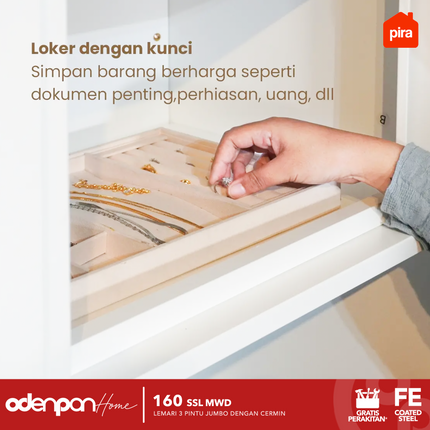 PIRA Lemari Pakaian / Baju 3 Pintu Besi Sliding Jumbo Pintu Swing & Sliding Minimalis Dengan Cermin 160 SSL MWD