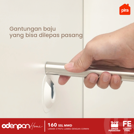 PIRA Lemari Pakaian / Baju 3 Pintu Besi Sliding Jumbo Pintu Swing & Sliding Minimalis Dengan Cermin 160 SSL MWD