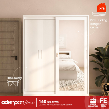 PIRA Lemari Pakaian / Baju 3 Pintu Besi Sliding Jumbo Pintu Swing & Sliding Minimalis Dengan Cermin 160 SSL MWD
