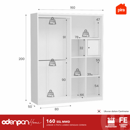 PIRA Lemari Pakaian / Baju 3 Pintu Besi Sliding Jumbo Pintu Swing & Sliding Minimalis Dengan Cermin 160 SSL MWD