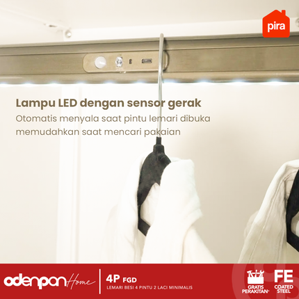 PIRA - 4P FGD Lemari Pakaian Baju 4 Pintu Besi 2 Laci Minimalis Jumbo Dengan Kaca & Lampu LED