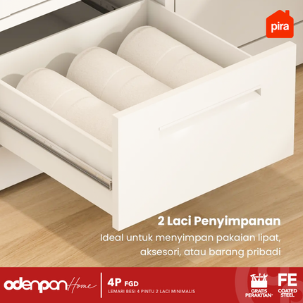 PIRA - 4P FGD Lemari Pakaian Baju 4 Pintu Besi 2 Laci Minimalis Jumbo Dengan Kaca & Lampu LED