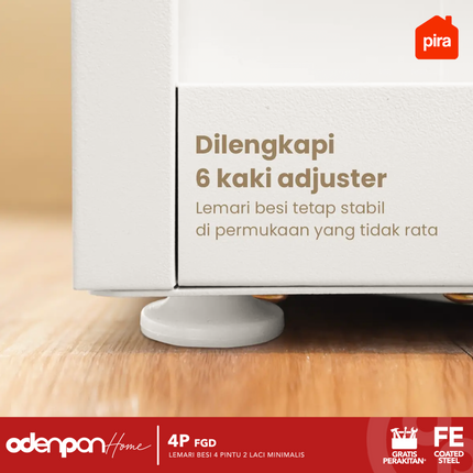 PIRA - 4P FGD Lemari Pakaian Baju 4 Pintu Besi 2 Laci Minimalis Jumbo Dengan Kaca & Lampu LED