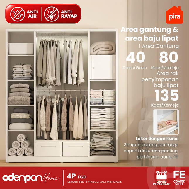 PIRA - 4P FGD Lemari Pakaian Baju 4 Pintu Besi 2 Laci Minimalis Jumbo Dengan Kaca & Lampu LED