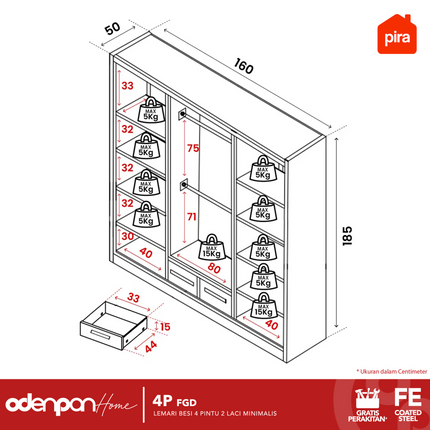 PIRA - 4P FGD Lemari Pakaian Baju 4 Pintu Besi 2 Laci Minimalis Jumbo Dengan Kaca & Lampu LED