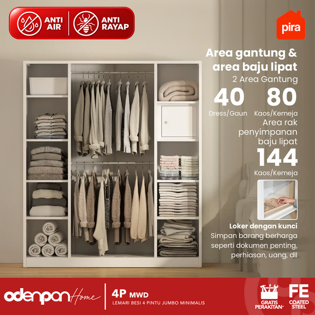 PIRA - 4P MWD Lemari Pakaian Baju 4 Pintu Besi 2 Cermin Minimalis Jumbo