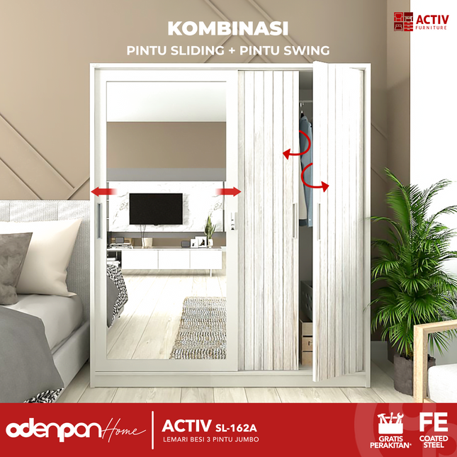 ACTIV FORTE - SL 162A Lemari Pakaian / Baju 3 Pintu Besi Sliding Jumbo Pintu Swing & Sliding