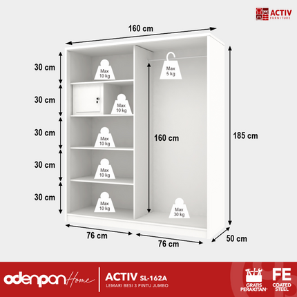 ACTIV FORTE - SL 162A Lemari Pakaian / Baju 3 Pintu Besi Sliding Jumbo Pintu Swing & Sliding