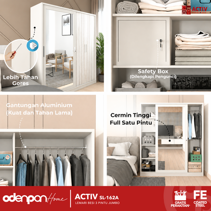 ACTIV FORTE - SL 162A Lemari Pakaian / Baju 3 Pintu Besi Sliding Jumbo Pintu Swing & Sliding