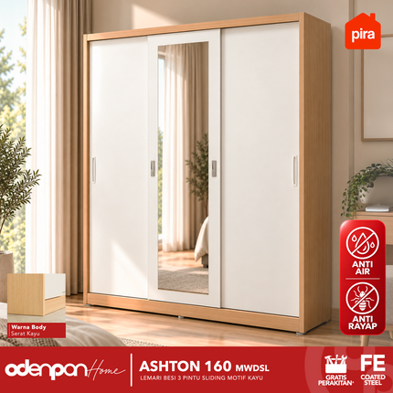 PIRA - ASHTON 160 MWDSL Lemari Pakaian / Baju 3 Pintu Besi Sliding Jumbo Dengan Cermin 160 cm