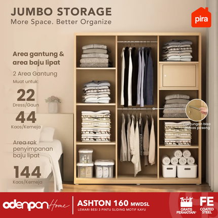 PIRA - ASHTON 160 MWDSL Lemari Pakaian / Baju 3 Pintu Besi Sliding Jumbo Dengan Cermin 160 cm
