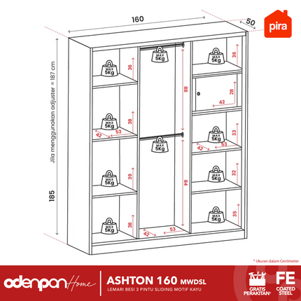 PIRA - ASHTON 160 MWDSL Lemari Pakaian / Baju 3 Pintu Besi Sliding Jumbo Dengan Cermin 160 cm