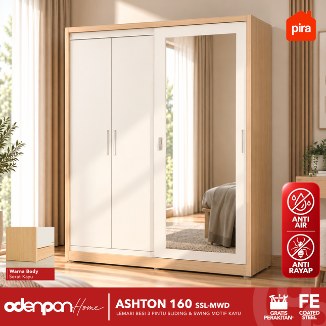 PIRA - ASHTON 160 SSL MWD Lemari Pakaian / Baju 3 Pintu Besi Sliding Jumbo Motif Kayu