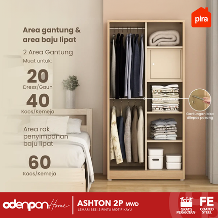 PIRA - ASHTON 2P Lemari Pakaian Baju 2 Pintu Besi Pintu Swing Motif Kayu