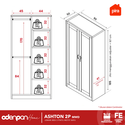 PIRA - ASHTON 2P Lemari Pakaian Baju 2 Pintu Besi Pintu Swing Motif Kayu