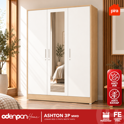 PIRA - ASHTON 3P Lemari Pakaian Baju 3 Pintu Besi Pintu Swing Motif Kayu