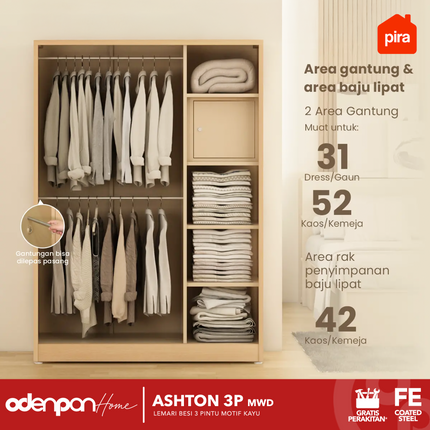 PIRA - ASHTON 3P Lemari Pakaian Baju 3 Pintu Besi Pintu Swing Motif Kayu