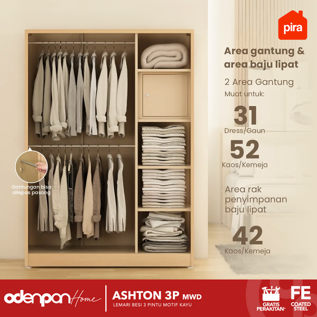 PIRA - ASHTON 3P Lemari Pakaian Baju 3 Pintu Besi Pintu Swing Motif Kayu