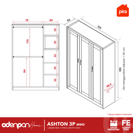 PIRA - ASHTON 3P Lemari Pakaian Baju 3 Pintu Besi Pintu Swing Motif Kayu