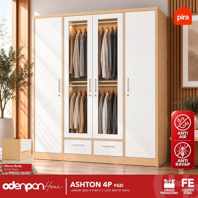 PIRA - ASHTON 4P FGD Lemari Pakaian Baju 4 Pintu Besi 2 Laci Motif Kayu Minimalis Jumbo
