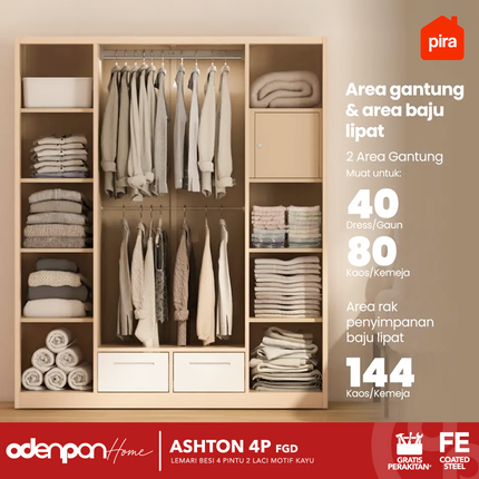 PIRA - ASHTON 4P FGD Lemari Pakaian Baju 4 Pintu Besi 2 Laci Motif Kayu Minimalis Jumbo