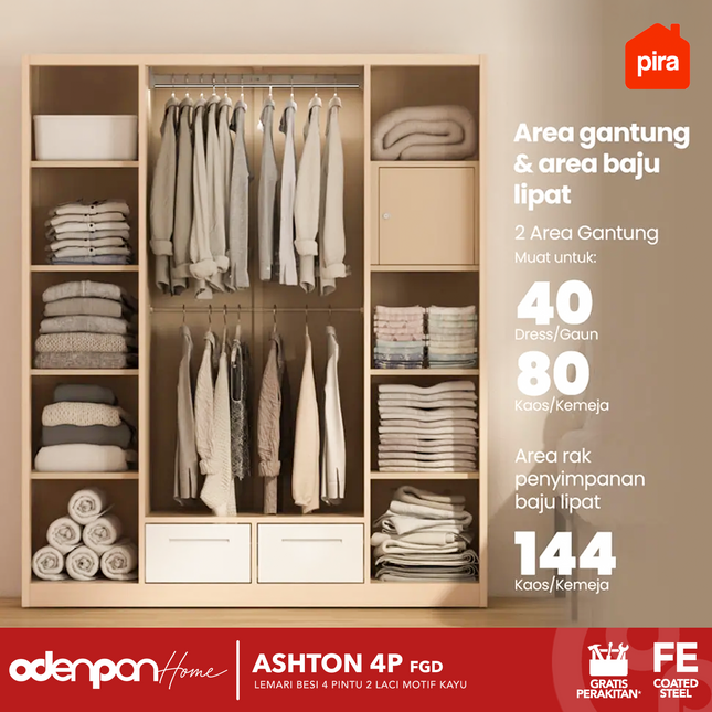 PIRA - ASHTON 4P FGD Lemari Pakaian Baju 4 Pintu Besi 2 Laci Motif Kayu Minimalis Jumbo