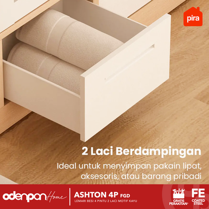 PIRA - ASHTON 4P FGD Lemari Pakaian Baju 4 Pintu Besi 2 Laci Motif Kayu Minimalis Jumbo