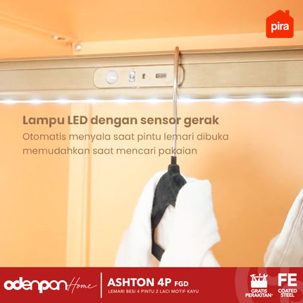 PIRA - ASHTON 4P FGD Lemari Pakaian Baju 4 Pintu Besi 2 Laci Motif Kayu Minimalis Jumbo