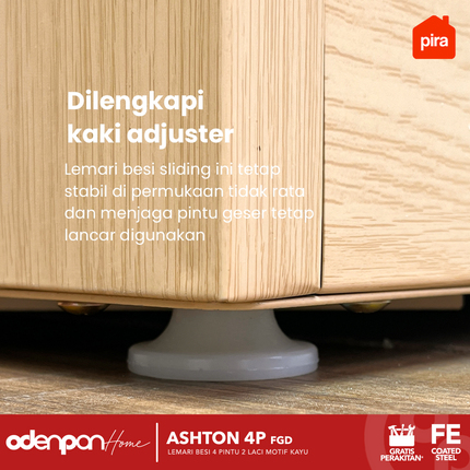 PIRA - ASHTON 4P FGD Lemari Pakaian Baju 4 Pintu Besi 2 Laci Motif Kayu Minimalis Jumbo