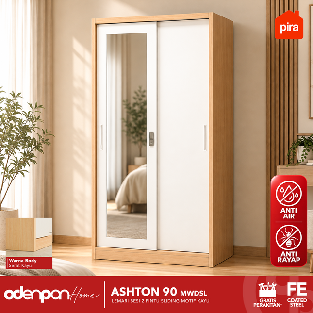 PIRA - ASHTON Lemari Pakaian Baju 2 Pintu Besi Sliding Motif Kayu